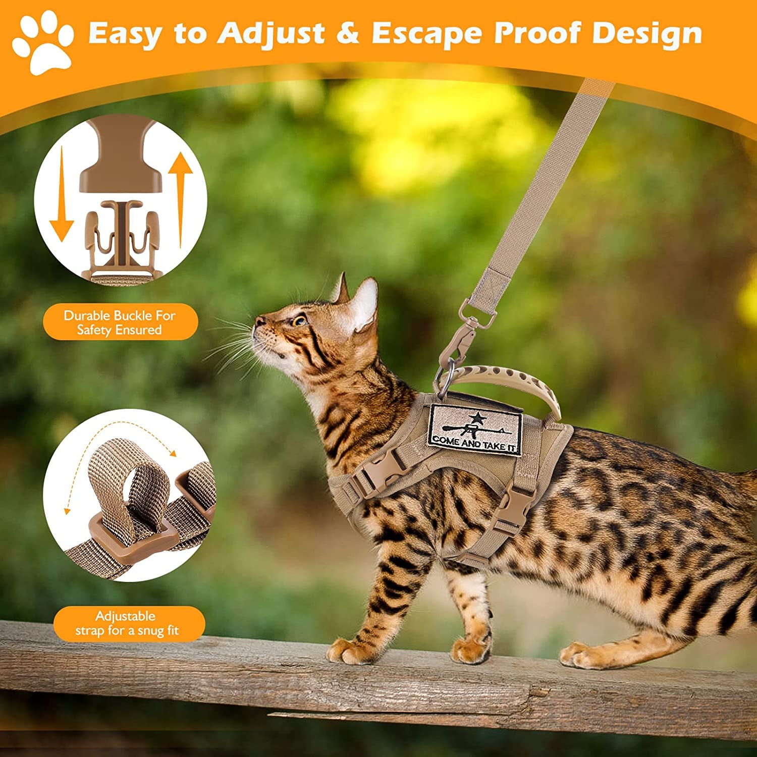 Tactical Cat Harness and Leash Set for Walking Escape Proof, Adjustable Large Cat Vest Harness with Molle Patches, Soft Mesh Padding, Rubber Handle Easy to Control Khaki.