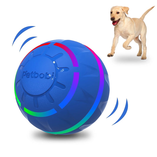 Interactive Toy Dog Ball, Active Rolling Ball for Dogs with Flashing LED Light, Moving Bouncing Toys Ball for Medium or Large Dogs, USB Rechargeable, Blue.