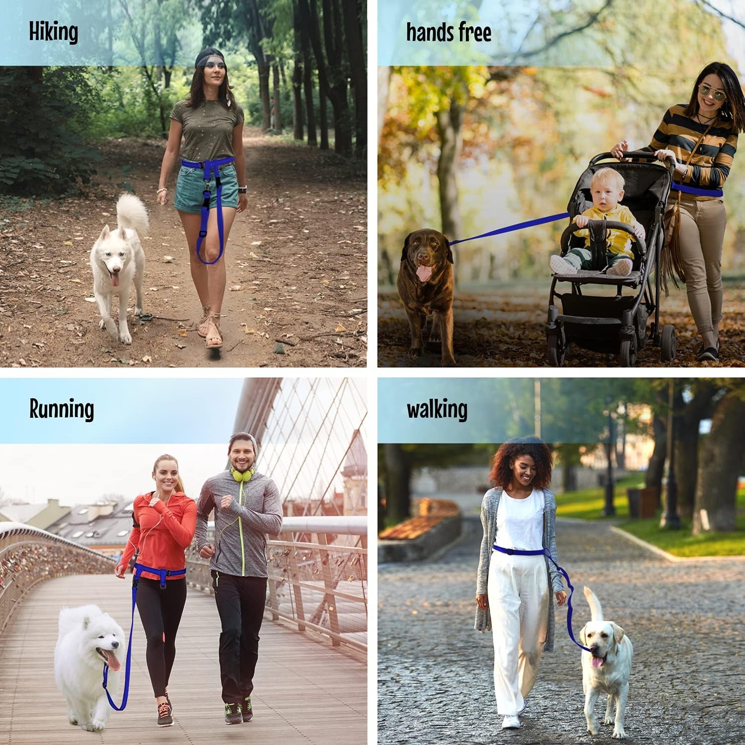Hands Free Dog Leash, Adjustable Leash for Running, Jogging, Training and Service Dogs, Great for Small, Medium and Large Dogs, Made in USA (Royal Blue, Large Belt (27"- 50" Waist)).
