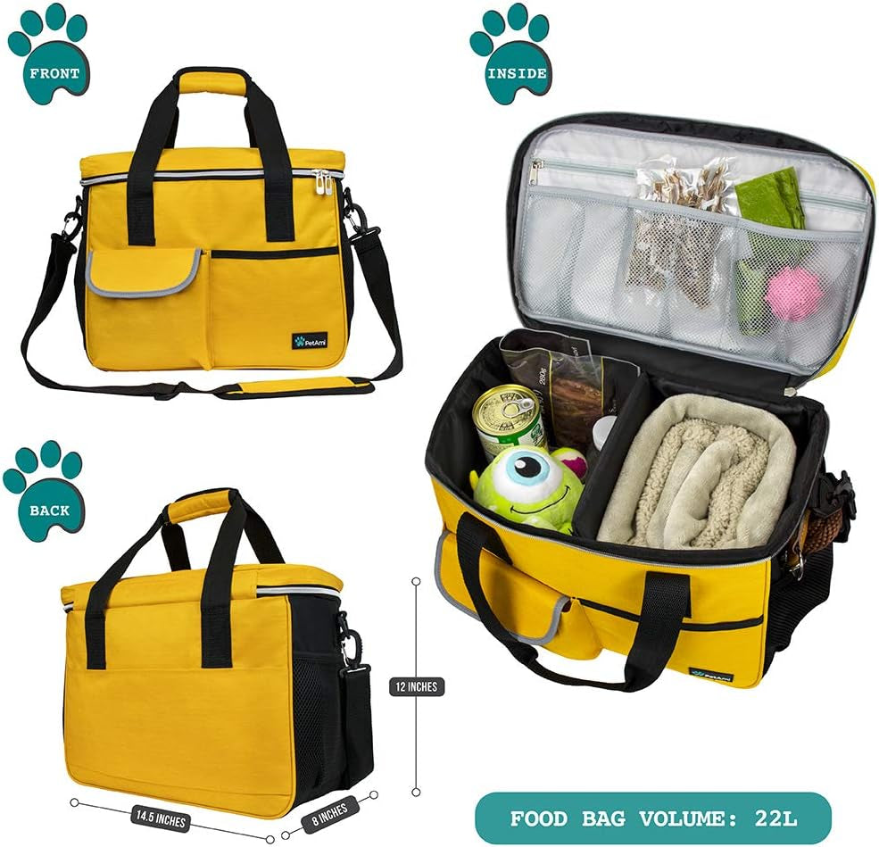 Dog Travel Bag, Travel Pet Bag Organizer, Dog Food Travel Bag with Food Container and Bowls, Dog Travel Supplies Gift Accessories for Weekend Camping, Dog Cat Diaper Bag (Yellow, Medium).