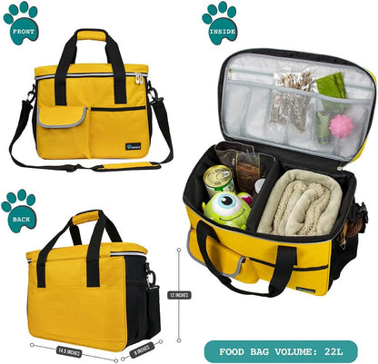 Dog Travel Bag, Travel Pet Bag Organizer, Dog Food Travel Bag with Food Container and Bowls, Dog Travel Supplies Gift Accessories for Weekend Camping, Dog Cat Diaper Bag (Yellow, Medium).