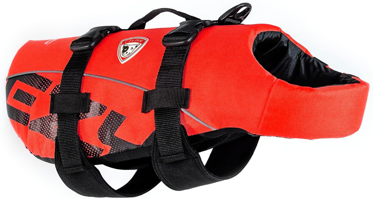 DFD Dog Life Jacket - Adjustable Swimming Safety Vest with Reflective Trim & Durable Grab Handle - 50% More Flotation Material - X-Small, Red.