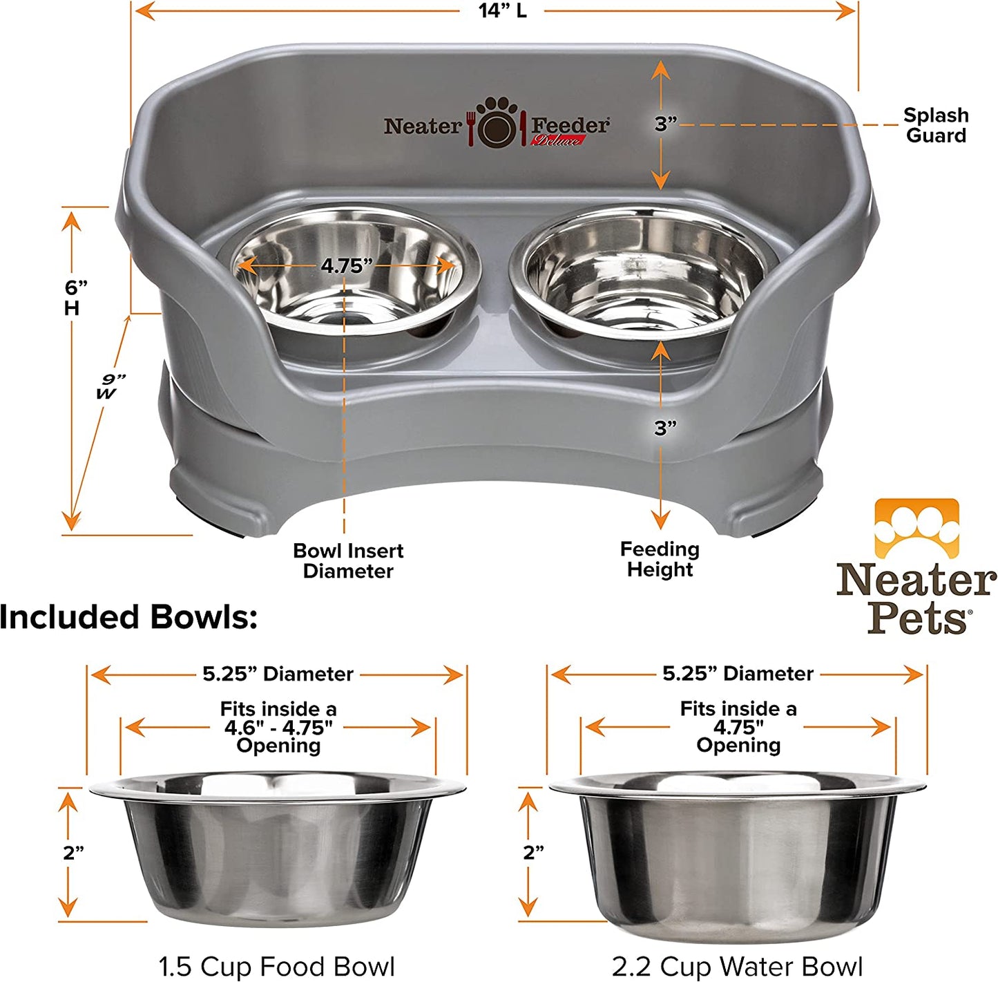 Neater Feeder Deluxe Mess Proof Dog Bowls Elevated for Small Breed – Made in USA – No Spill Raised Dog Food Bowl Stand – Stainless Steel Food and Water Bowl Set, Pet Feeding Station, Grey.