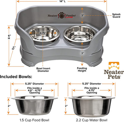 Neater Feeder Deluxe Mess Proof Dog Bowls Elevated for Small Breed – Made in USA – No Spill Raised Dog Food Bowl Stand – Stainless Steel Food and Water Bowl Set, Pet Feeding Station, Grey.